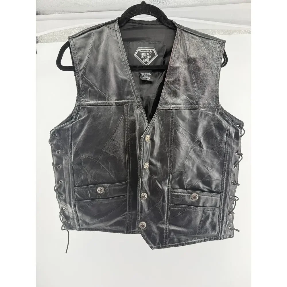 Leather Motorcycle Biker Vest Lace Up Diamond Plate Buffalo Leather Size M READ